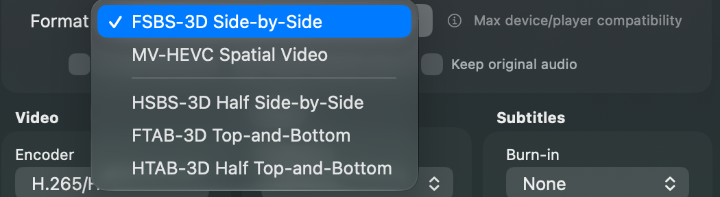 The Format menu with FSBS-3D Side-by-Side selected