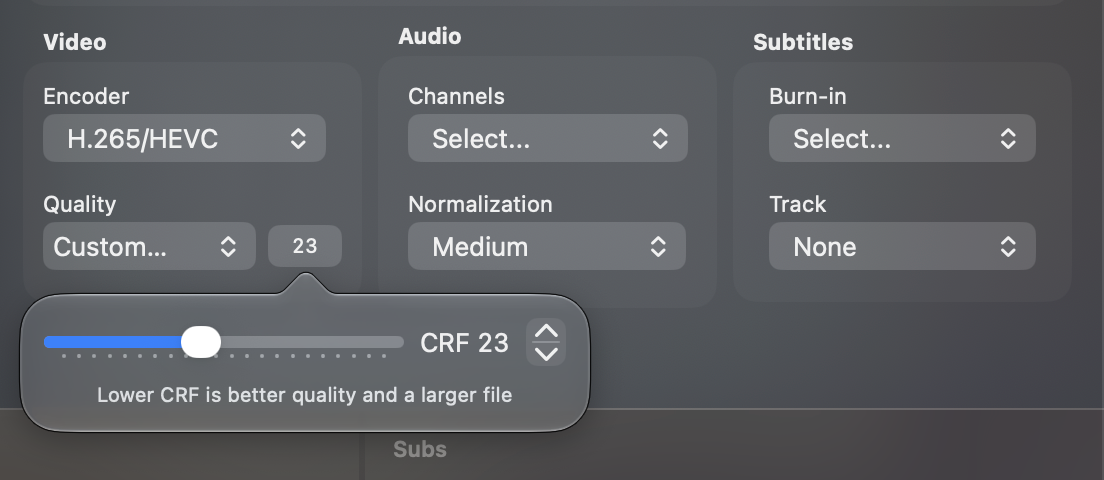 The custom quality slider set to CRF 23