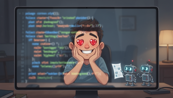 A cartoon programmer, reflected in a screen full of blurred code, rests his chin in his hands with ruby hearts for eyes, while two small robots on the desk hold out a printout he ignores.